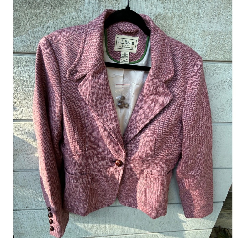 LL Bean Vintage Shetland Wool Herringbone Blazer Jacket Pink Dog